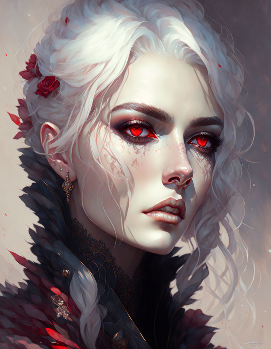 Illustrated portrait of a person with pale skin, white hair, red eyes, roses in hair,