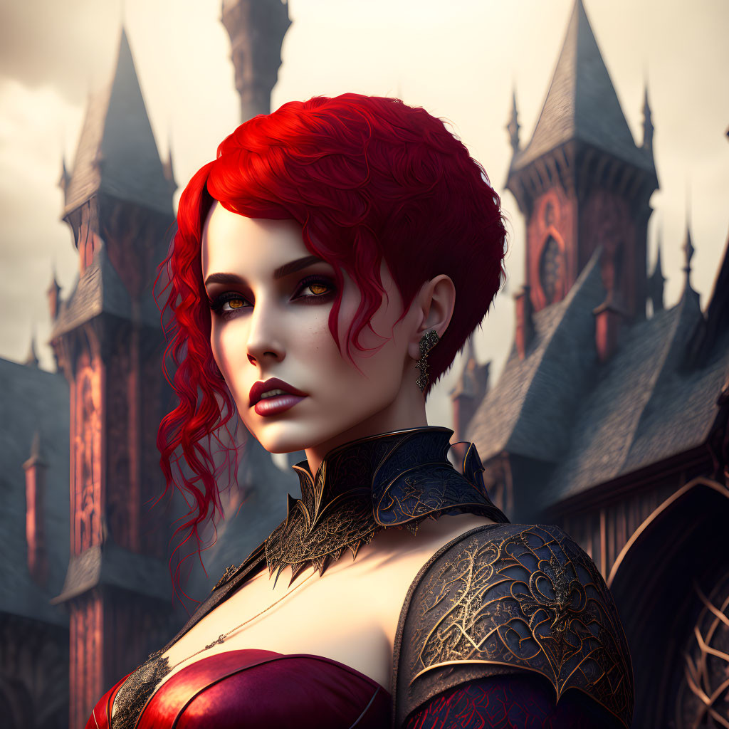 Vibrant red-haired woman with gothic jewelry in front of castle spires