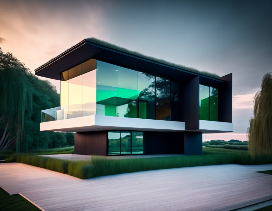 Contemporary two-story house with large glass windows and cantilevered design in lush green setting at