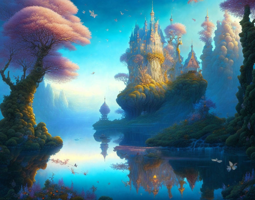 Luminous castle on overgrown hill with vibrant trees and serene lake