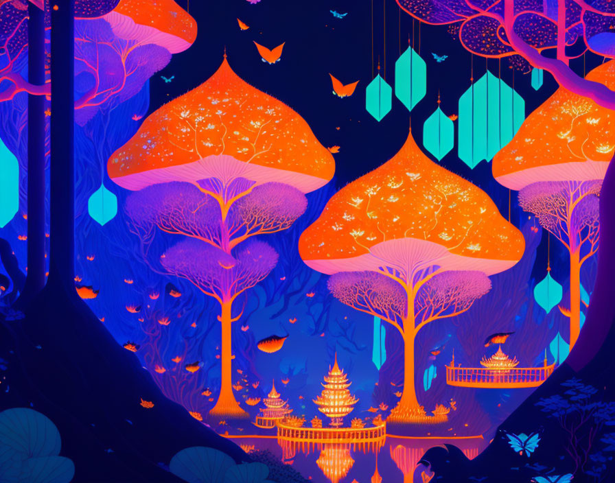 Colorful forest scene with oversized mushrooms, lanterns, and pagoda