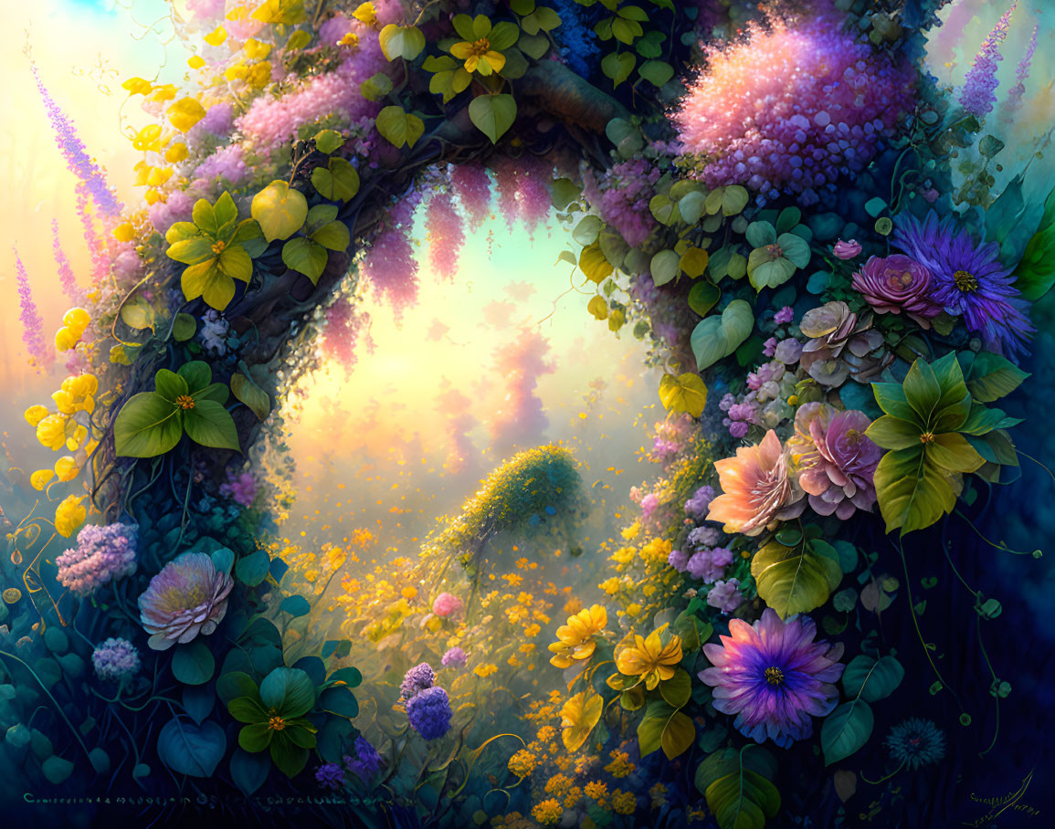 Vibrant garden scene with blossoming archway under golden sunlight