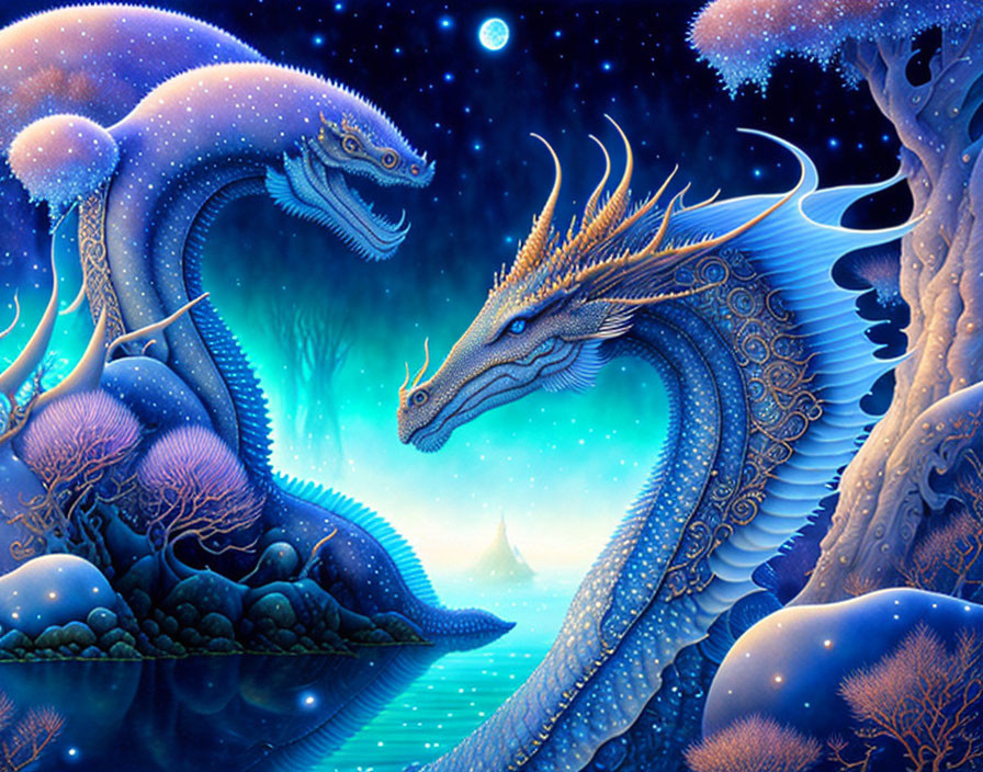 Illustration of Two Blue Dragons in Mystical Night Sky