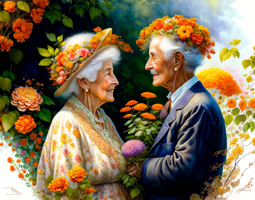 Elderly couple smiling amid vibrant flower adornments