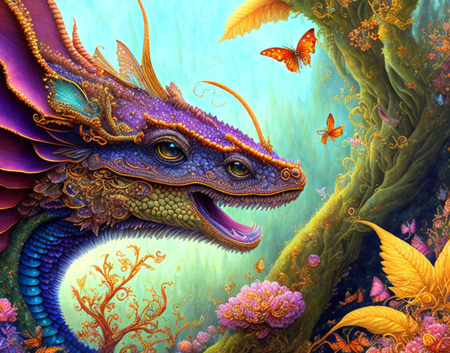 Colorful dragon in fantastical forest with butterflies and lush flora