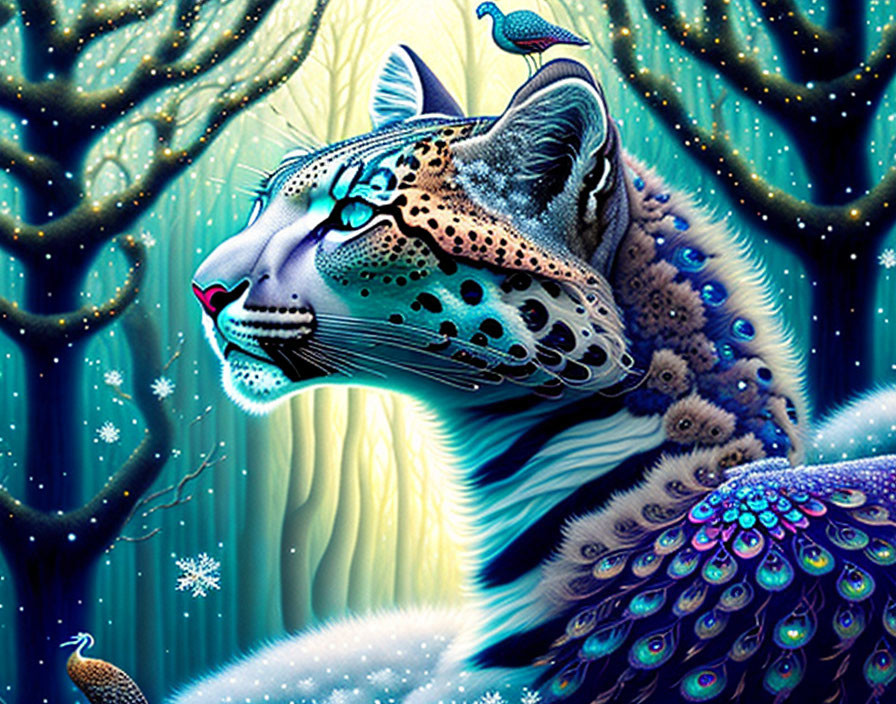 Surreal leopard with peacock feathers in snowy forest