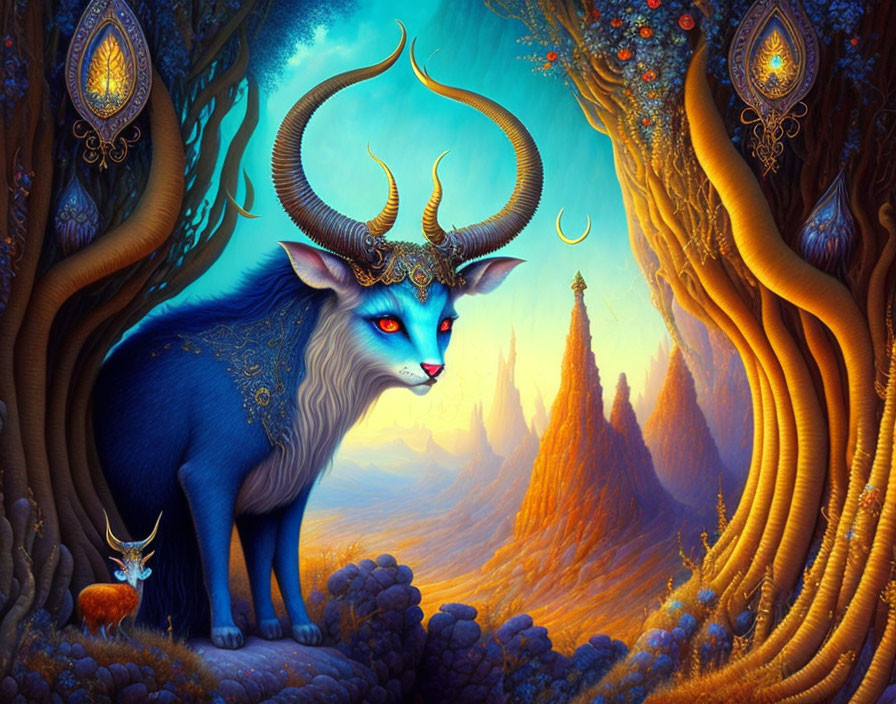 Blue creature with horns in mystical forest with mountain