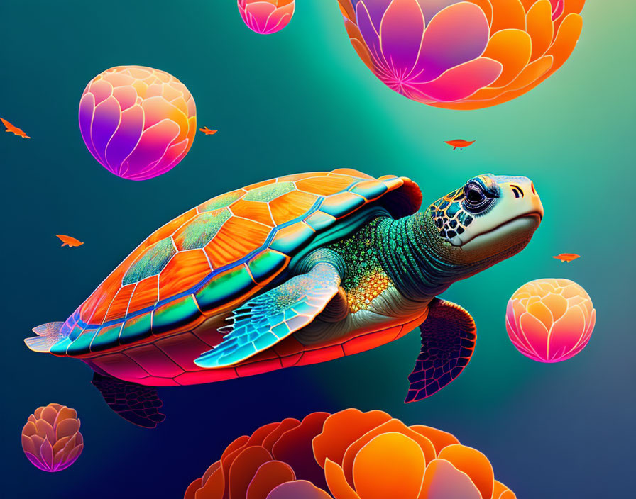 Colorful Sea Turtle Artwork Among Coral Structures on Blue-Green Background