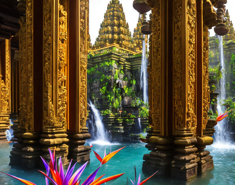 Golden pillars and serene water garden with temple structure.