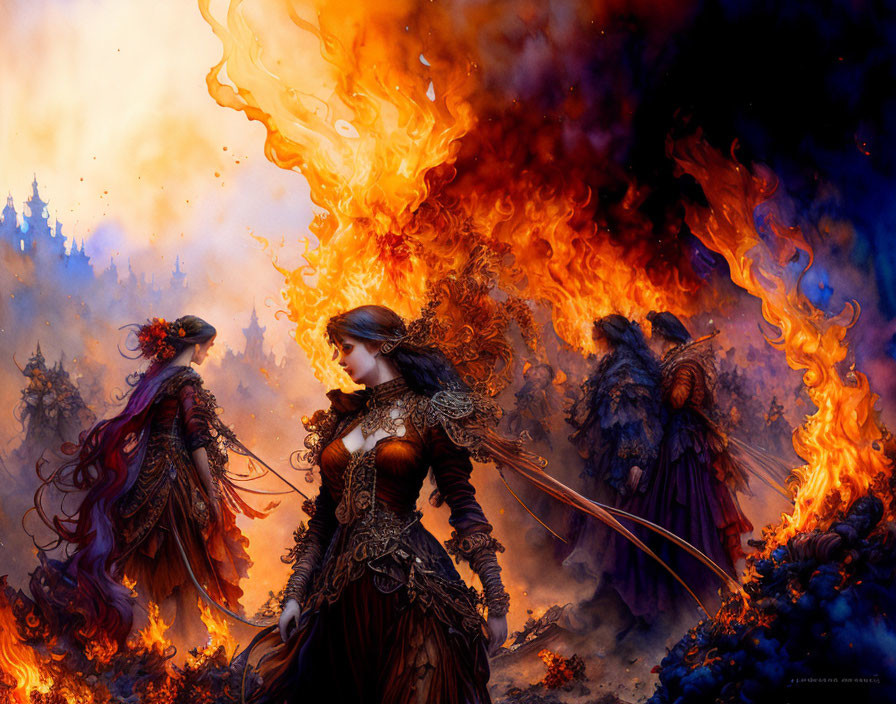 Fantasy scene: Two women in elaborate gowns by fiery phoenix and gothic castle.