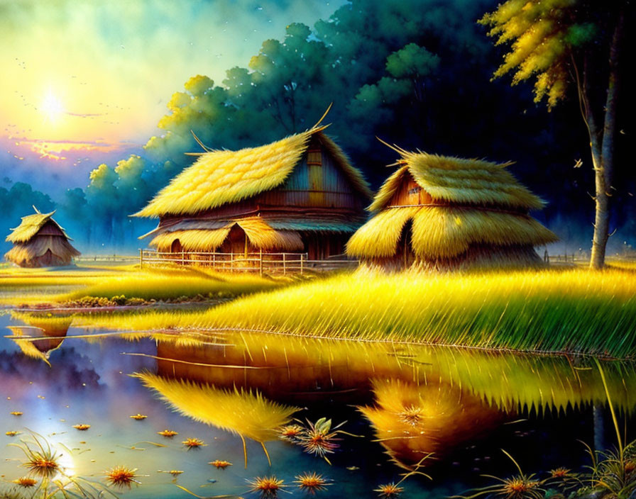 Traditional huts near pond with greenery and yellow flowers at sunrise