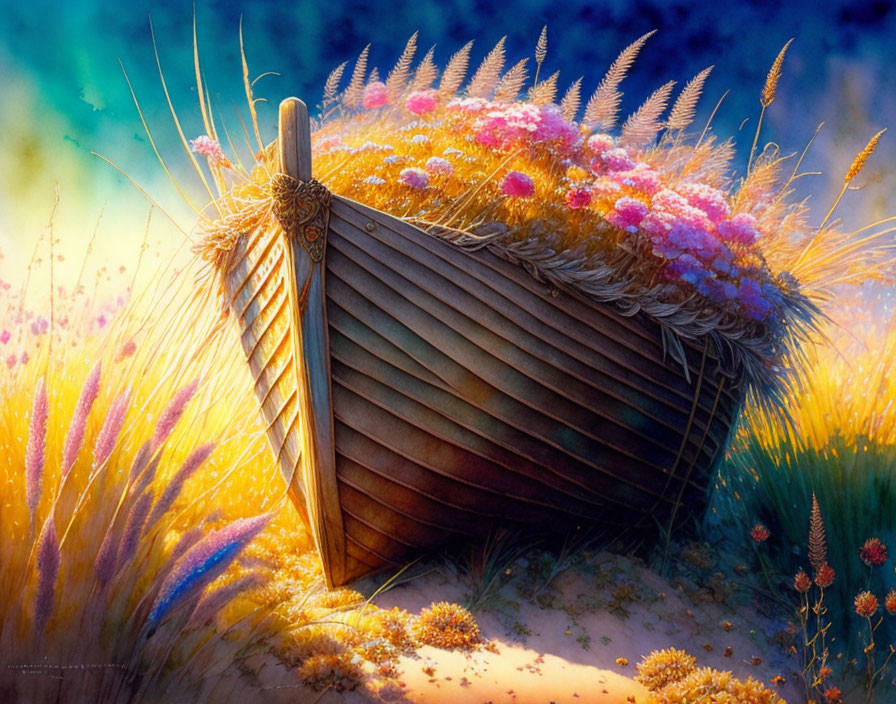 Wooden boat overturned in wildflowers and grass under golden sunlight