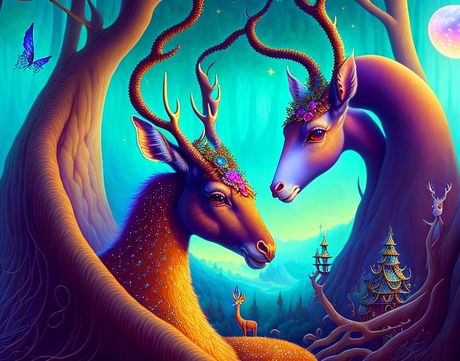 Mystical deer with glowing antlers in enchanted forest