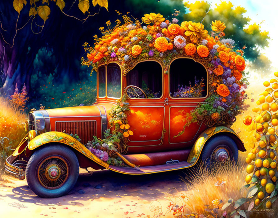 Vintage Car Decorated with Colorful Flowers and Fruit in Autumn Forest