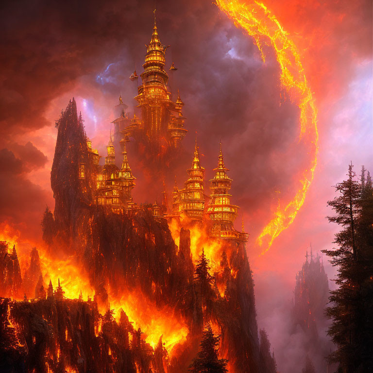 Fantastical landscape with towering castles and fiery sky.