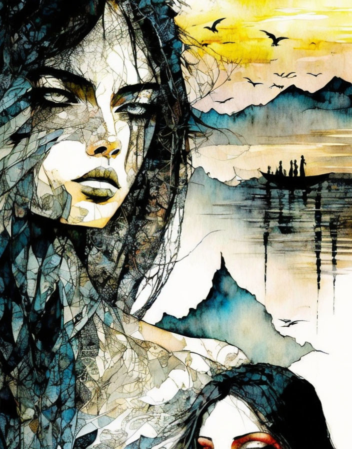 Watercolor painting of woman's face with lake, boat, mountains, and birds.