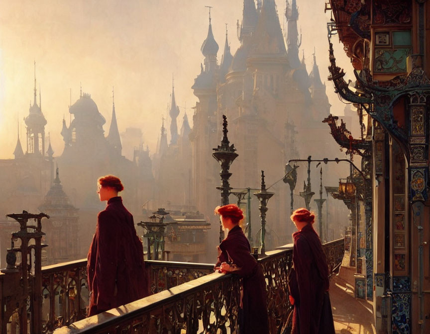 Three red-haired figures in dark cloaks on ornate balcony, overlooking fantasy city at sunrise or sunset