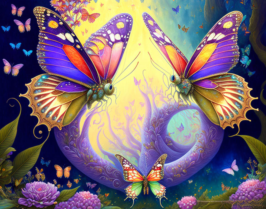 Colorful Butterfly Artwork with Intricate Wing Patterns and Floral Elements