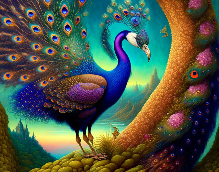 Colorful Peacock Artwork with Elaborate Tail Feathers in Forest Setting