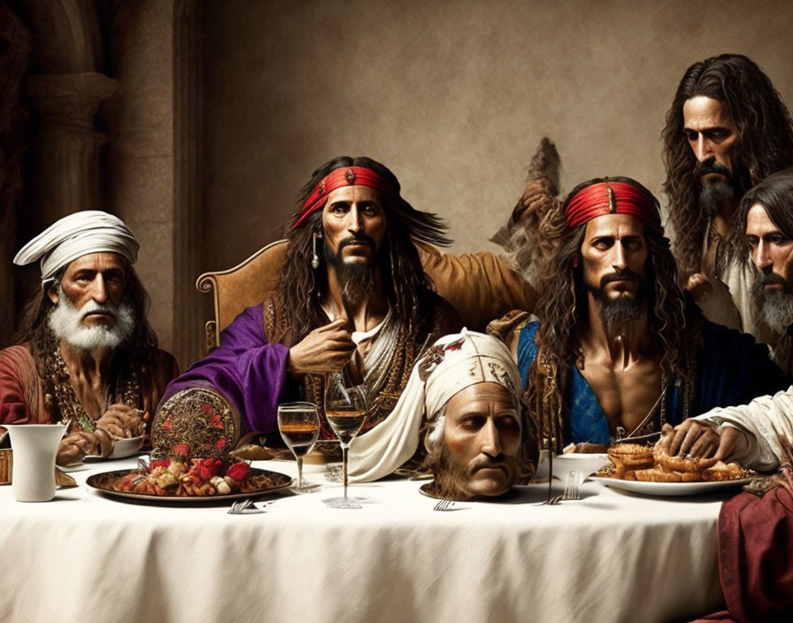 Contemporary Last Supper reinterpretation with diverse individuals in modern attire around a table.