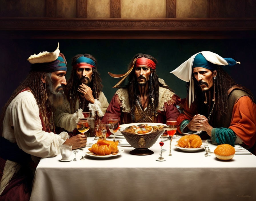 Group of pirate-themed characters enjoying food and drink in historical painting setting