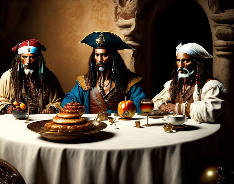 Three pirates at table with pretzels, fruits, and goblets on vintage backdrop