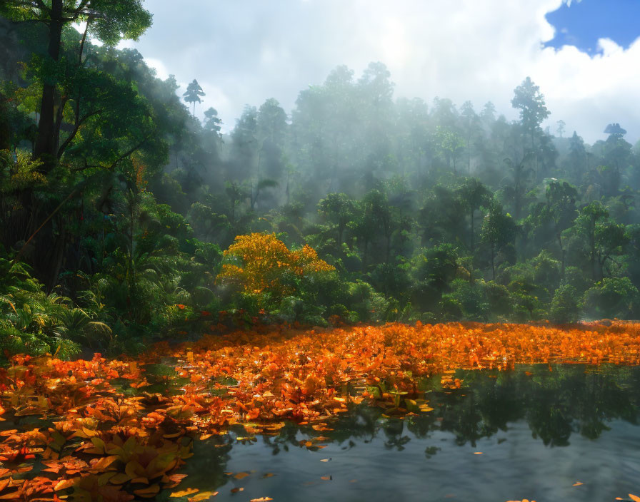 Tranquil lake with greenery, orange leaves, misty sky