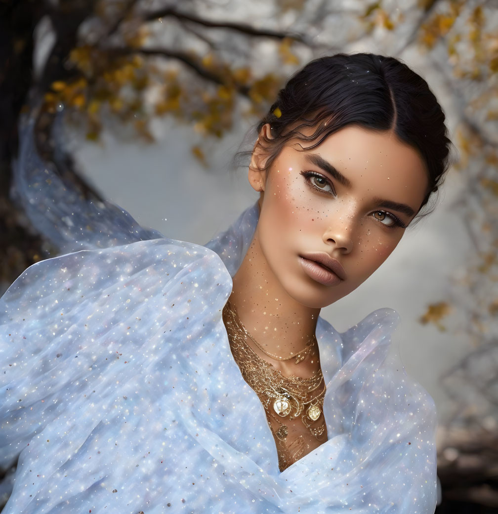 Portrait of woman with blue eyes, gold jewelry, blue shawl, autumn backdrop