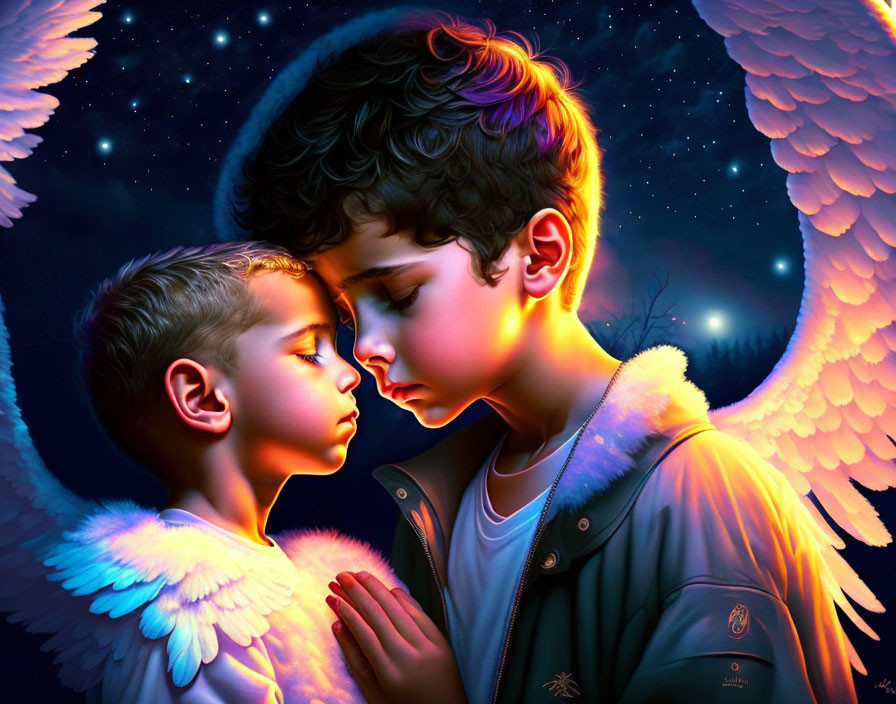 Angelic children with wings embracing under starlit sky