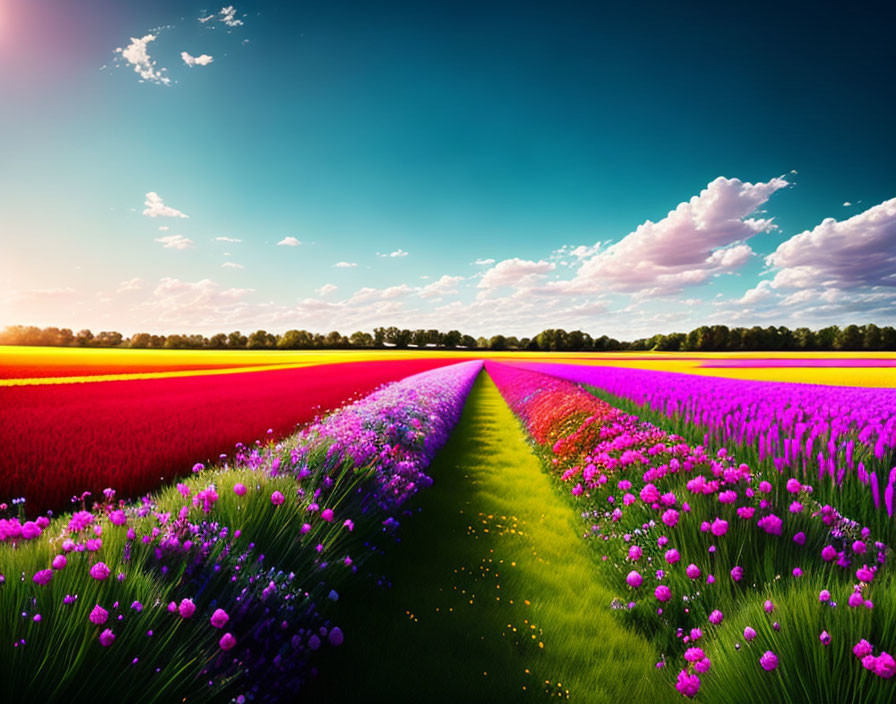 Colorful Tulip Field with Path under Blue Sky