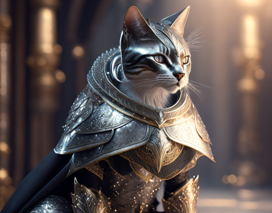 Realistic cat in medieval armor against architectural backdrop