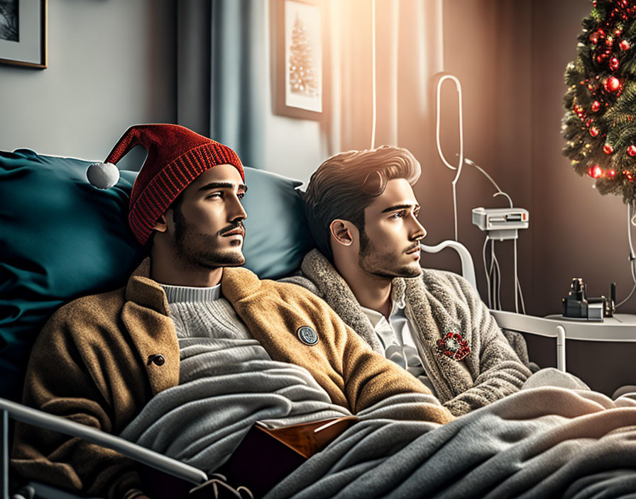 Two men in hospital beds with holiday decorations, one in a Santa hat