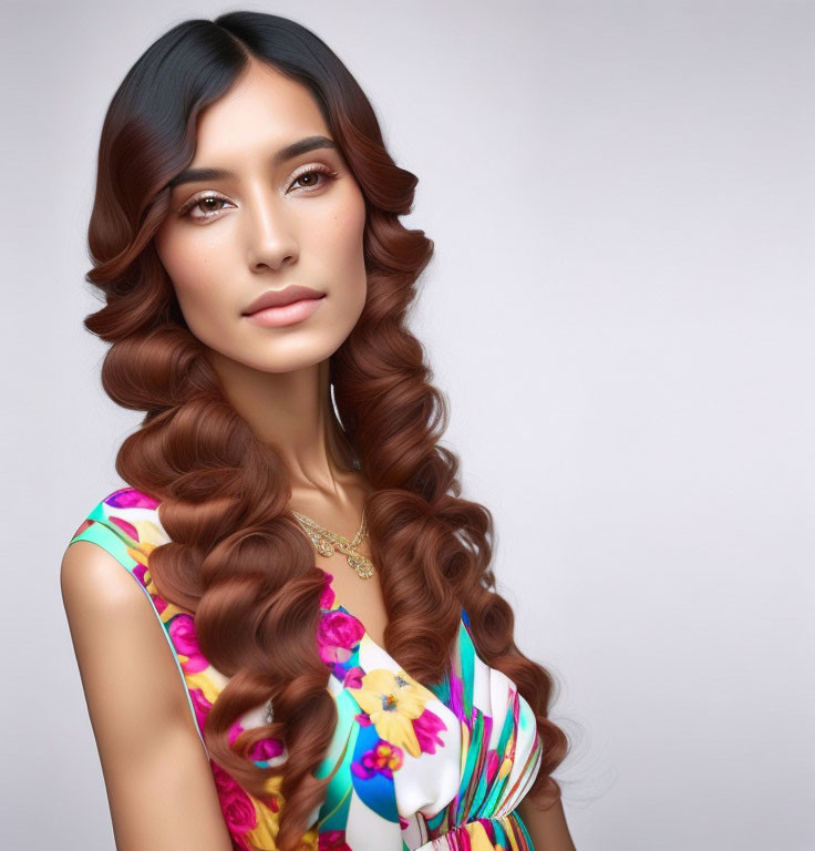 Woman with Long Wavy Brown Hair in Floral Dress on Light Background