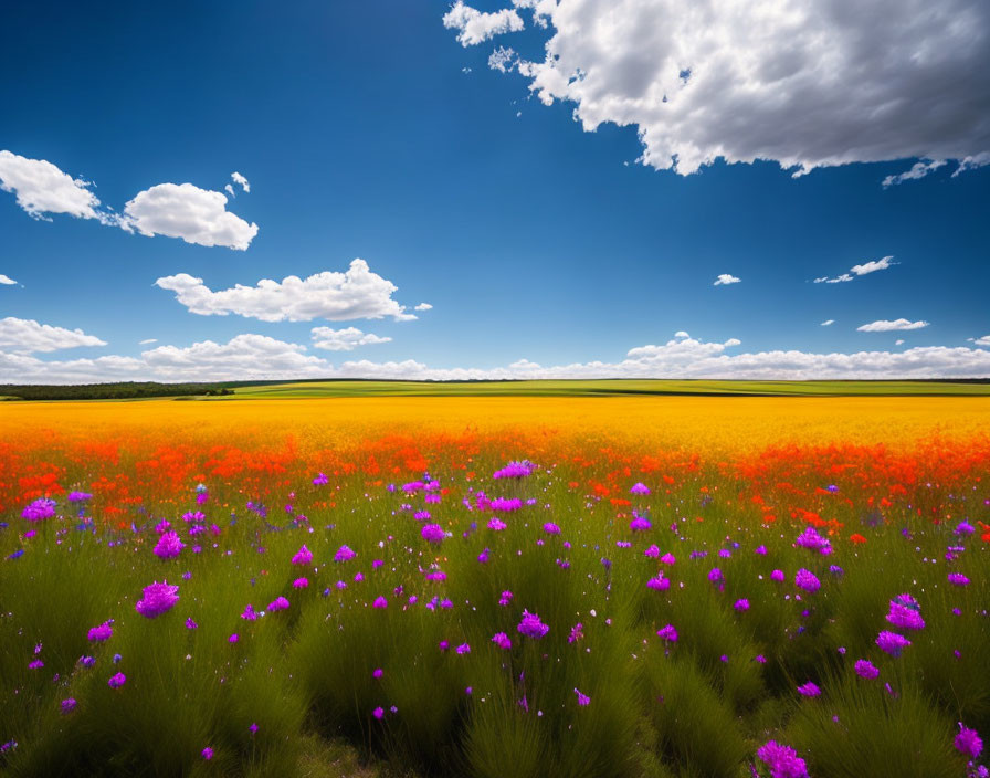 Colorful Field of Yellow and Red Flowers Under Blue Sky