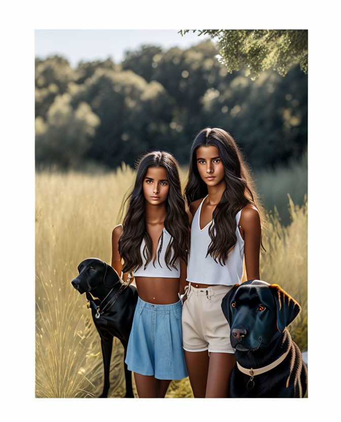 Two girls, two black dogs in field at golden hour