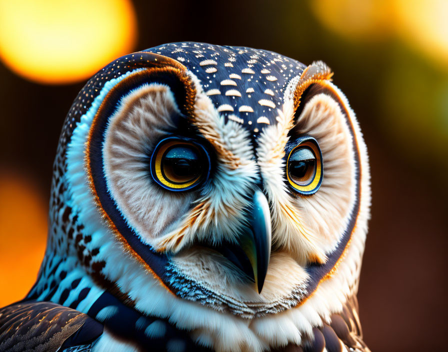 Colorful Owl with Vibrant Plumage and Sharp Beak Against Warm Background