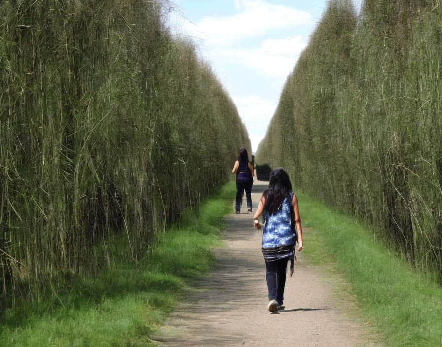 Two people walking on narrow path surrounded by dense greenery