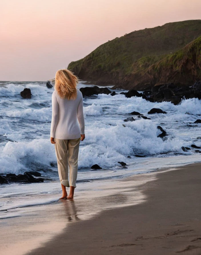 Person on Beach at Sunset Watching Waves and Rocks