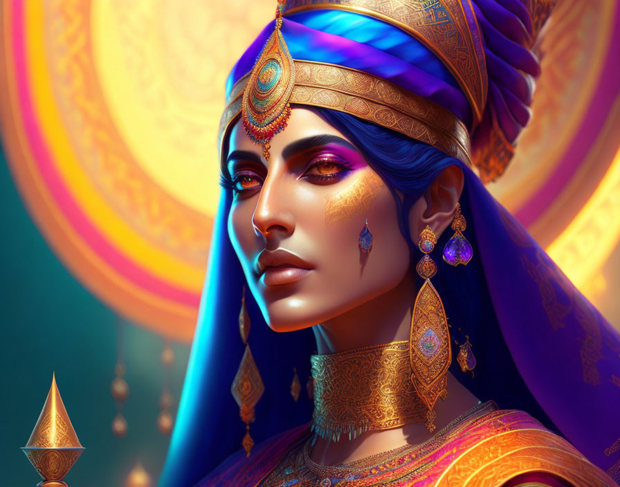 Digital artwork: Woman with blue skin in gold and blue attire with jewelry and headpiece on warm backdrop