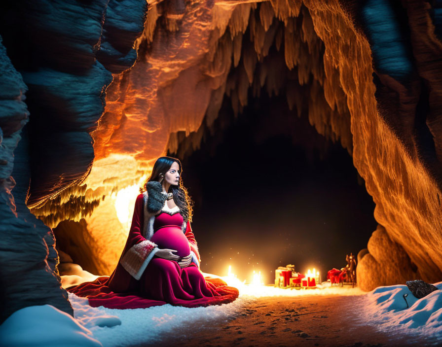 Woman in red dress on throne in candle-lit cave with snow