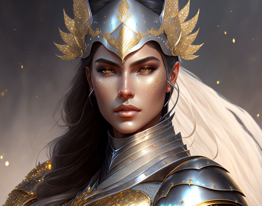 Female warrior with gold and silver helmet and glowing freckles in intricate armor