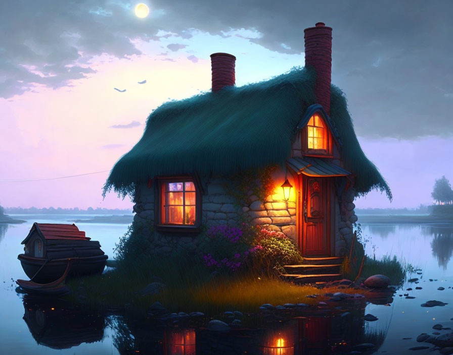 Thatched Roof Cottage by Serene Lake at Twilight