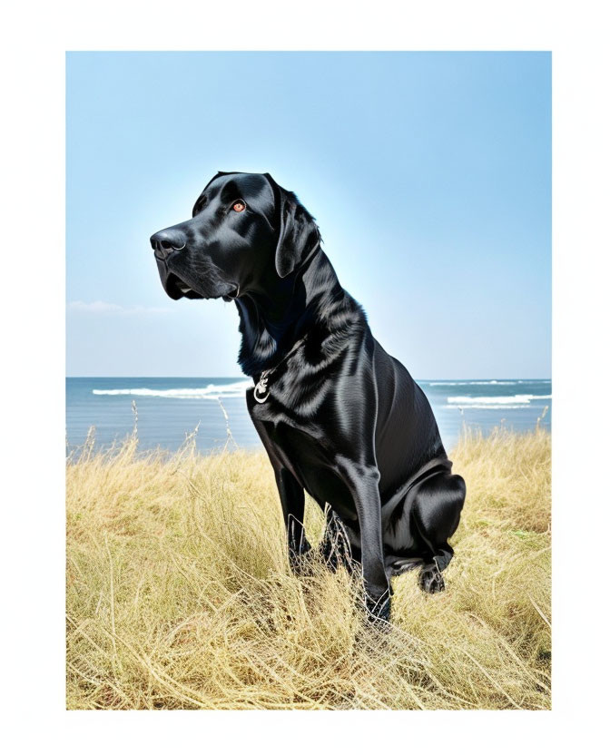 Black Labrador Retriever in Golden Grass with Blue Sky and Ocean Waves