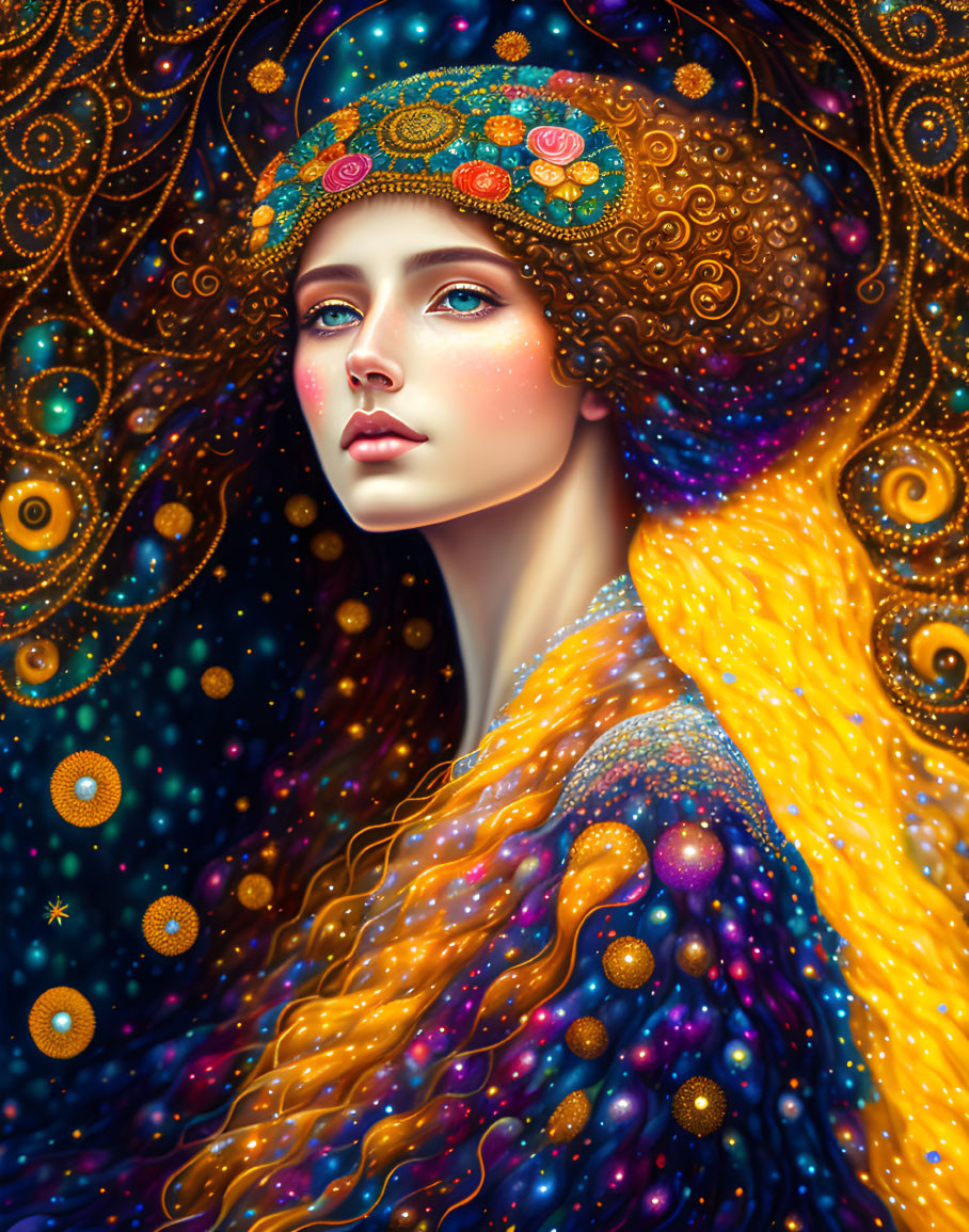 Colorful cosmic-themed portrait of a woman with starry hair and vibrant patterns on night sky backdrop