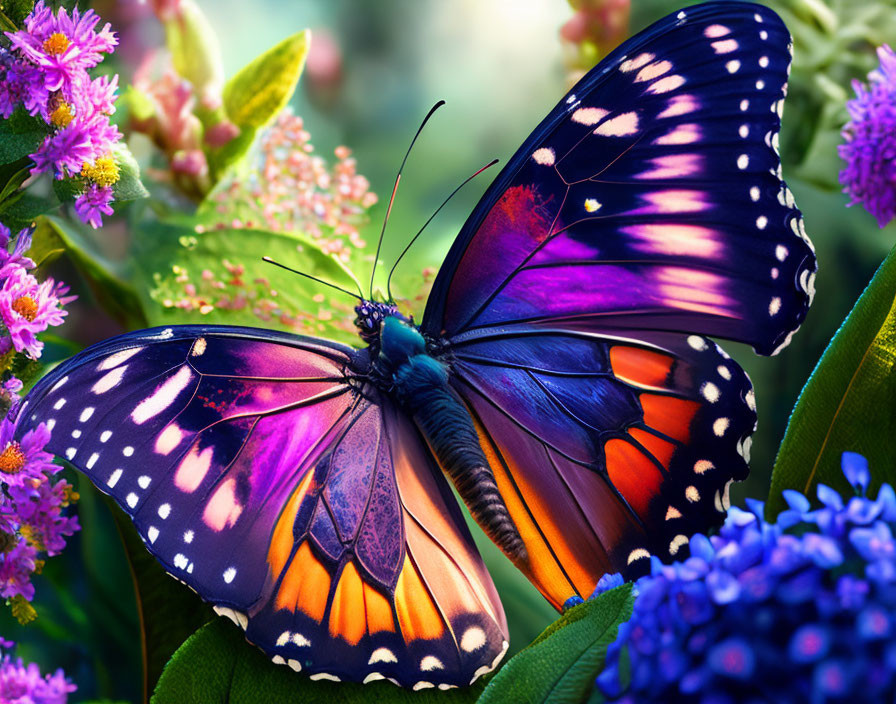 Colorful Butterfly on Pink and Purple Flowers in Greenery