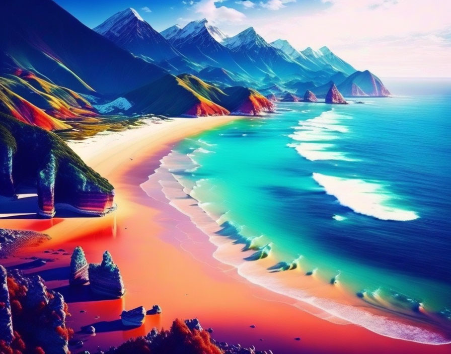 Vibrant Beach with Pink Sands and Turquoise Waters Against Colorful Mountains