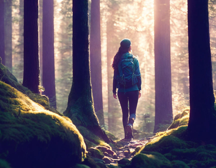 Hiker on forest trail among tall trees and moss-covered ground