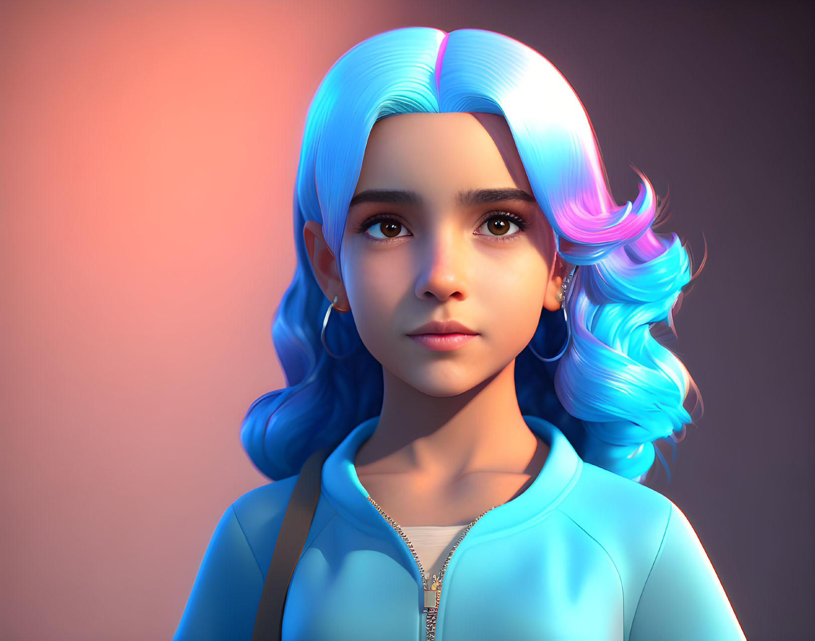 3D-rendered image: Young girl with blue hair on gradient backdrop