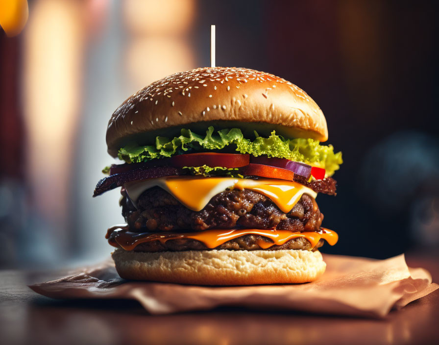 Double Cheeseburger with Lettuce, Onions, and Sauce on Sesame Bun