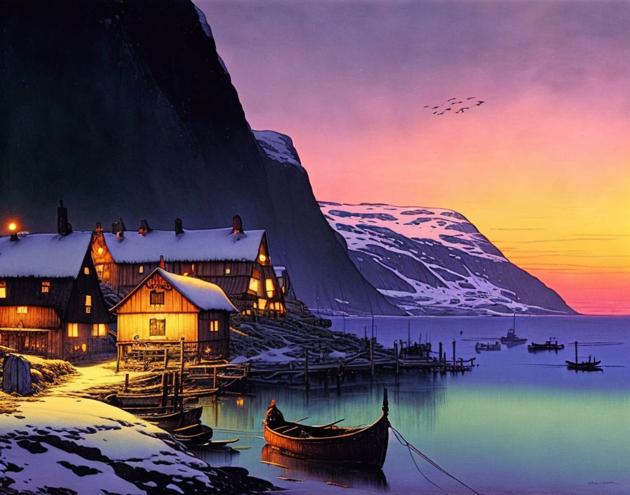 Scenic Nordic village at dusk with wooden houses, snowy landscape, boats, and vibrant sunset sky.